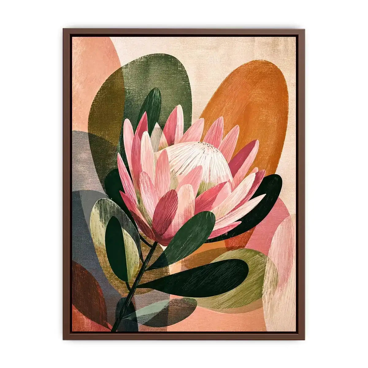 abstract protea flower botanical wall art with earthy tones and modern shapes