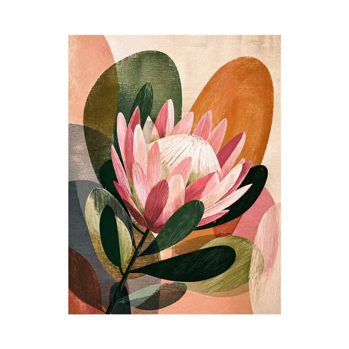 abstract protea flower botanical wall art with earthy tones and modern shapes