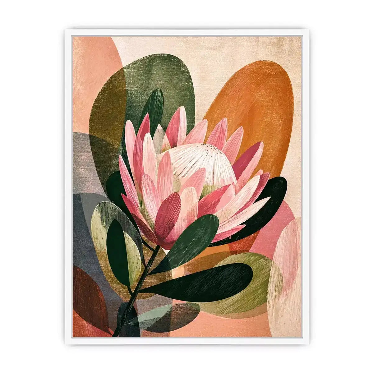 abstract protea flower botanical wall art with earthy tones and modern shapes