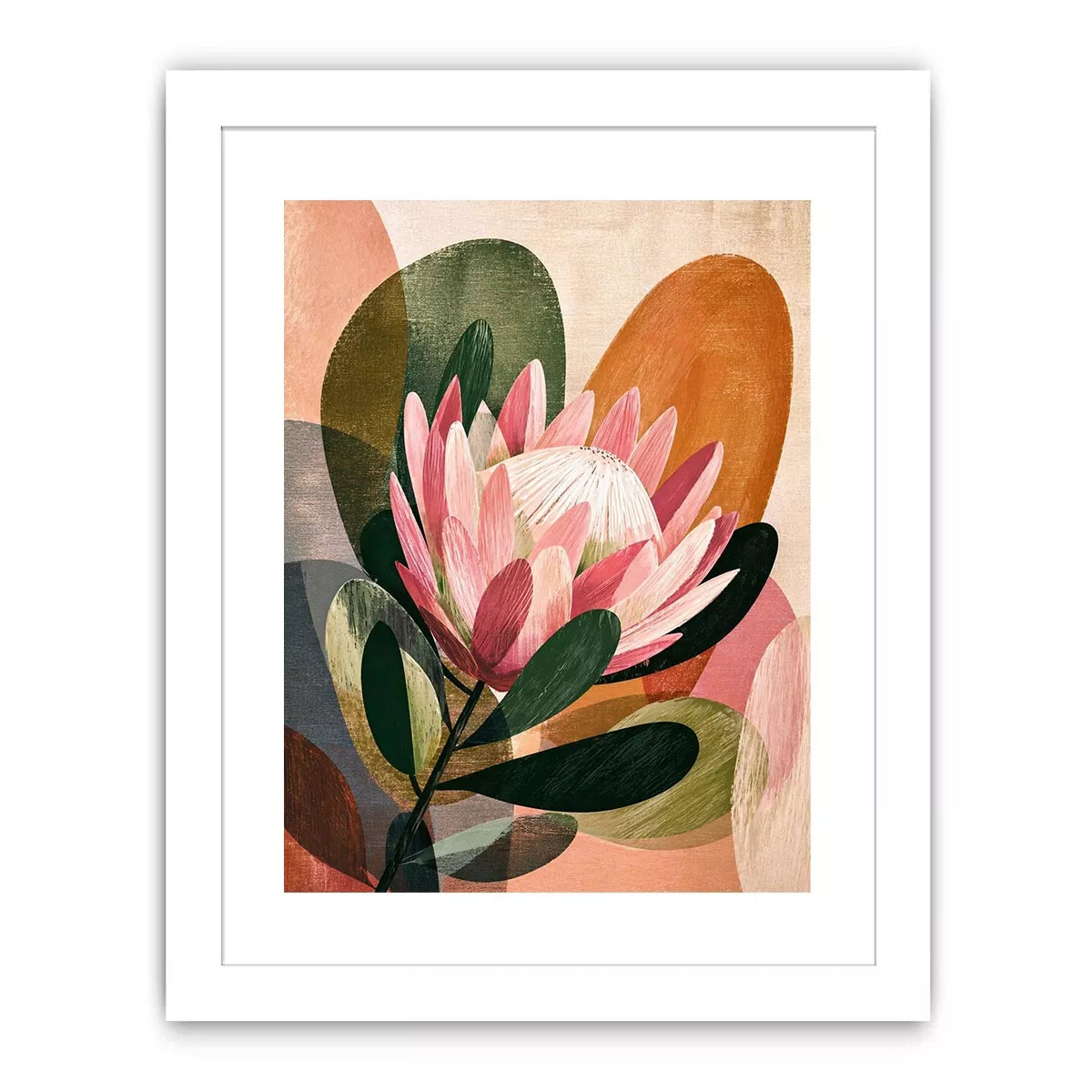 abstract protea flower botanical wall art with earthy tones and modern shapes