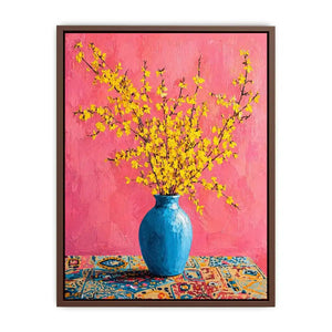 yellow flowers in blue vase on pink background modern floral wall art