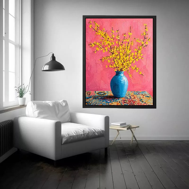 yellow flowers in blue vase on pink background modern floral wall art