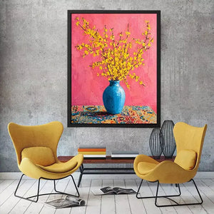 yellow flowers in blue vase on pink background modern floral wall art