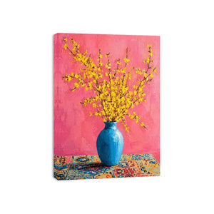 yellow flowers in blue vase on pink background modern floral wall art