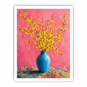 yellow flowers in blue vase on pink background modern floral wall art