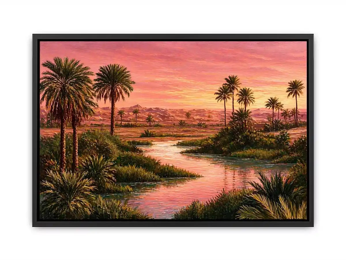 desert oasis sunset landscape with palm trees and water wall art canvas
