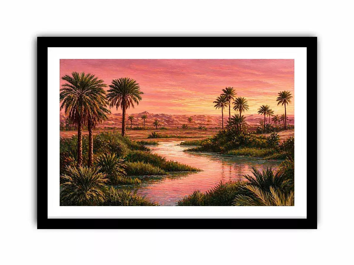 desert oasis sunset landscape with palm trees and water wall art canvas