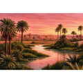 desert oasis sunset landscape with palm trees and water wall art canvas