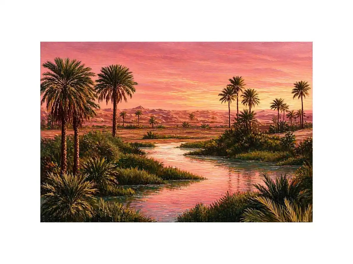 desert oasis sunset landscape with palm trees and water wall art canvas