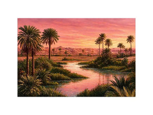 desert oasis sunset landscape with palm trees and water wall art canvas