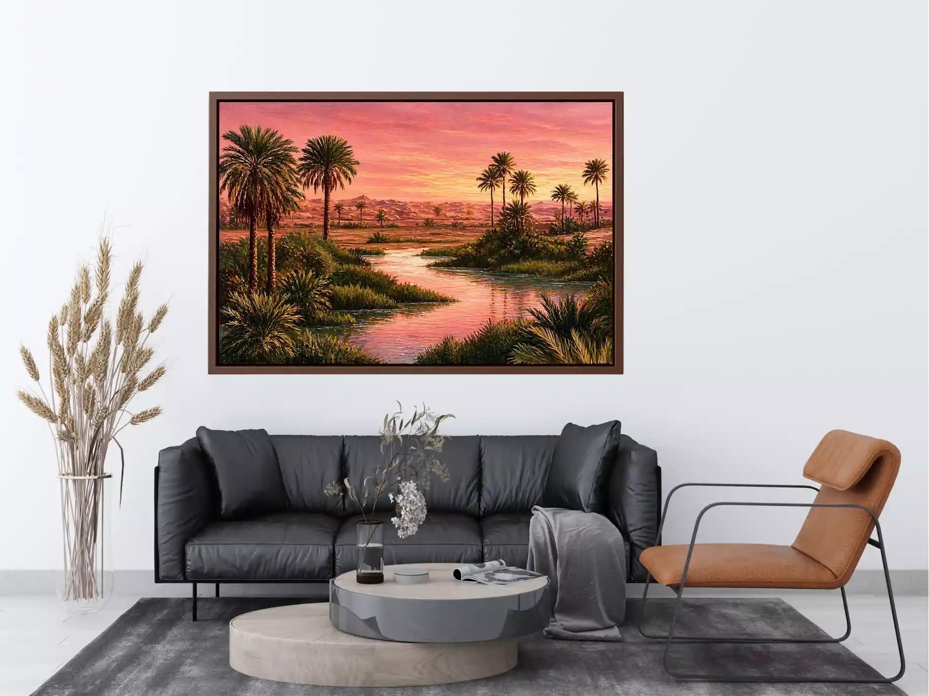 desert oasis sunset landscape with palm trees and water wall art canvas