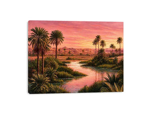 desert oasis sunset landscape with palm trees and water wall art canvas