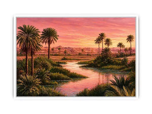 desert oasis sunset landscape with palm trees and water wall art canvas