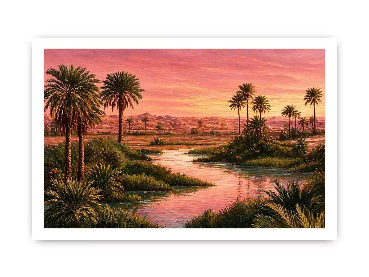 desert oasis sunset landscape with palm trees and water wall art canvas