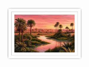 desert oasis sunset landscape with palm trees and water wall art canvas