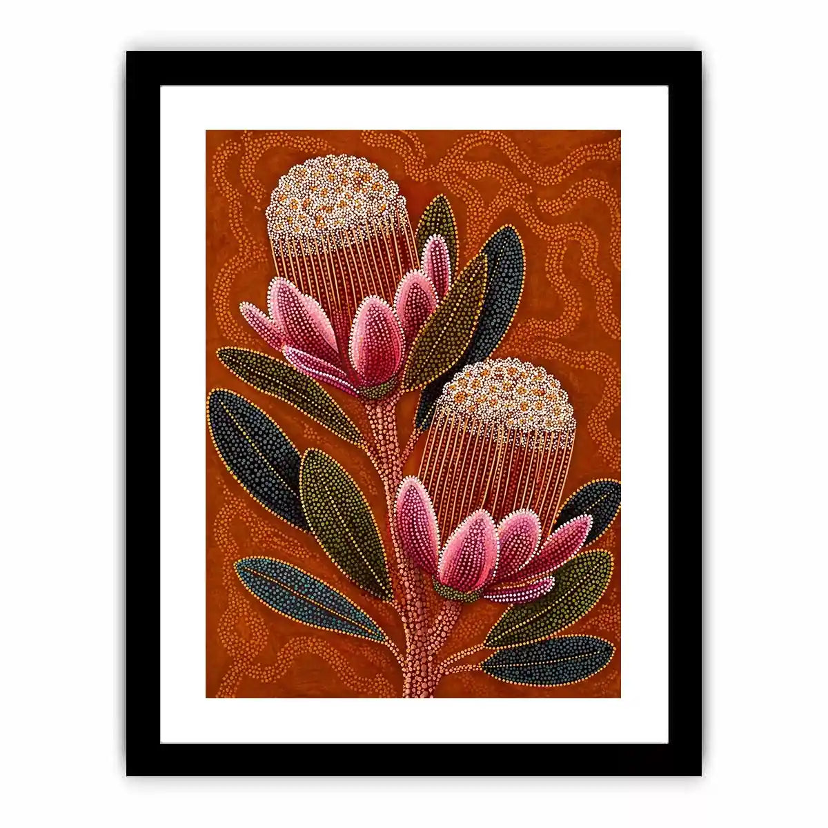 aboriginal dot art protea flower botanical wall art with earthy orange background
