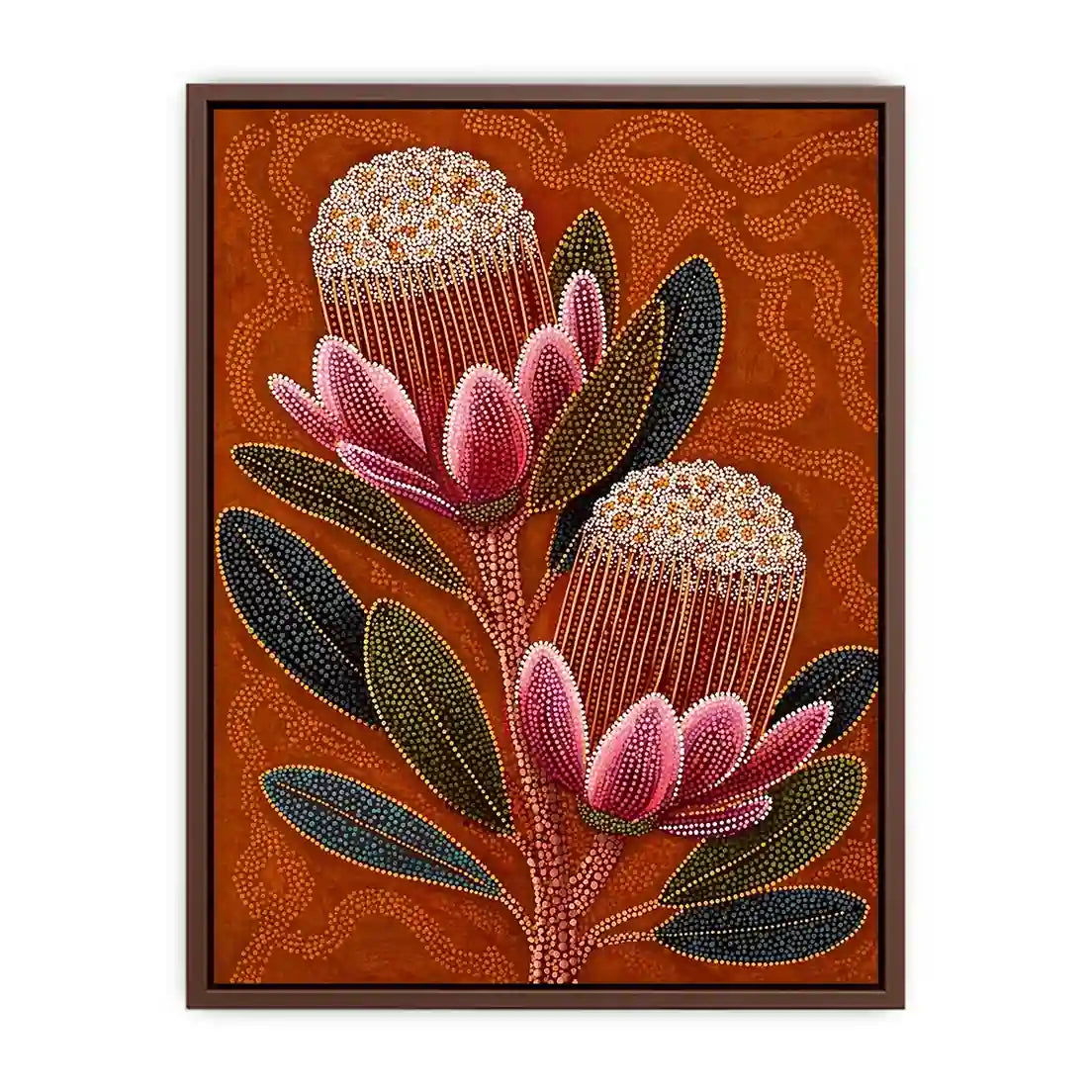 aboriginal dot art protea flower botanical wall art with earthy orange background