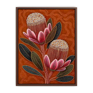 aboriginal dot art protea flower botanical wall art with earthy orange background
