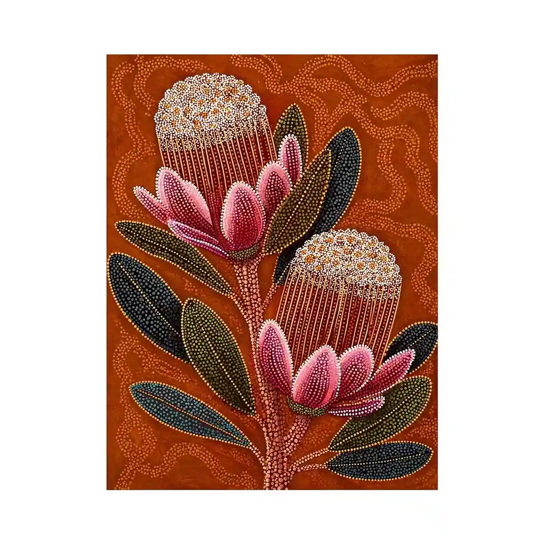aboriginal dot art protea flower botanical wall art with earthy orange background