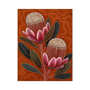 aboriginal dot art protea flower botanical wall art with earthy orange background