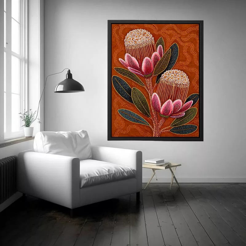 aboriginal dot art protea flower botanical wall art with earthy orange background