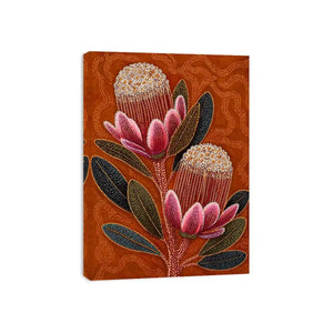 aboriginal dot art protea flower botanical wall art with earthy orange background