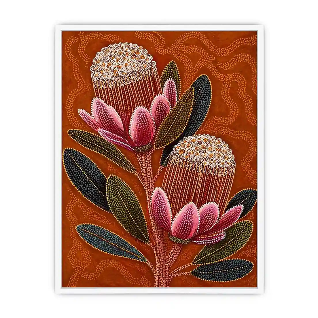 aboriginal dot art protea flower botanical wall art with earthy orange background