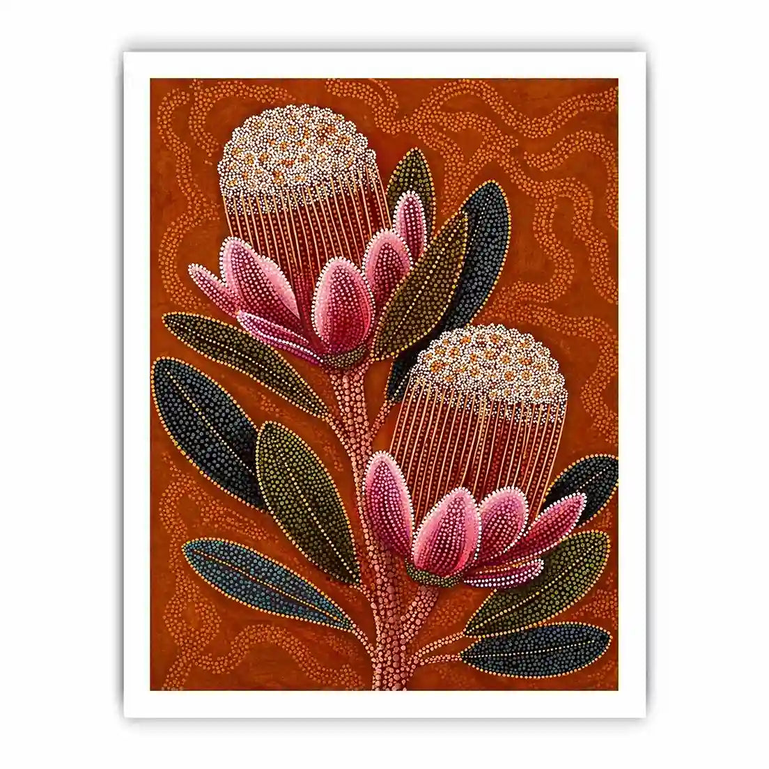 aboriginal dot art protea flower botanical wall art with earthy orange background