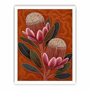 aboriginal dot art protea flower botanical wall art with earthy orange background