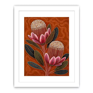 aboriginal dot art protea flower botanical wall art with earthy orange background