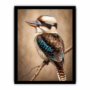 realistic kookaburra bird portrait perched on branch wall art canvas