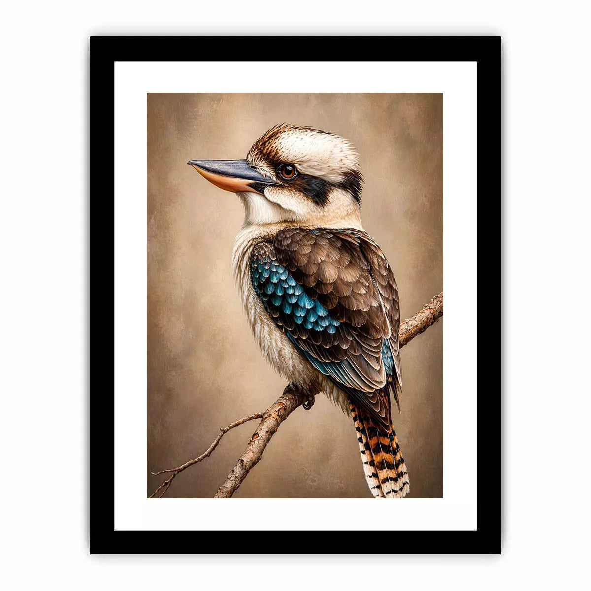 realistic kookaburra bird portrait perched on branch wall art canvas