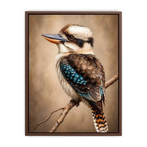 realistic kookaburra bird portrait perched on branch wall art canvas