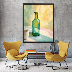 minimal pastel still life bottle painting wall art canvas with soft light