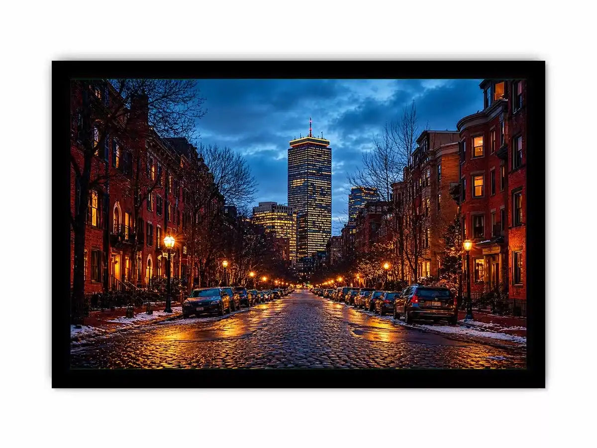 boston city street at night with lights and skyline wall art canvas