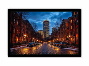 boston city street at night with lights and skyline wall art canvas