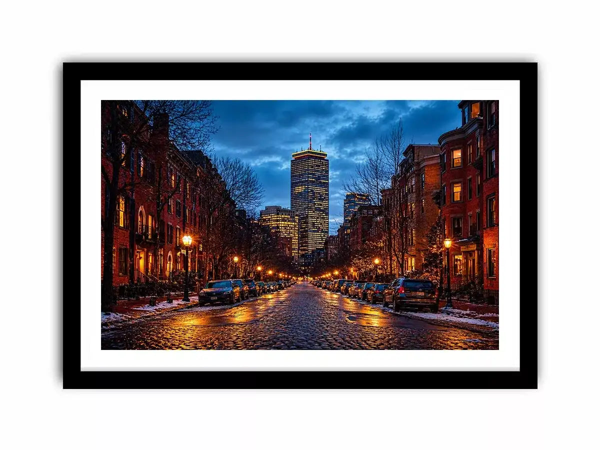 boston city street at night with lights and skyline wall art canvas