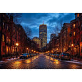boston city street at night with lights and skyline wall art canvas
