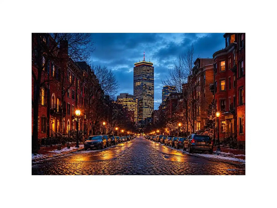 boston city street at night with lights and skyline wall art canvas