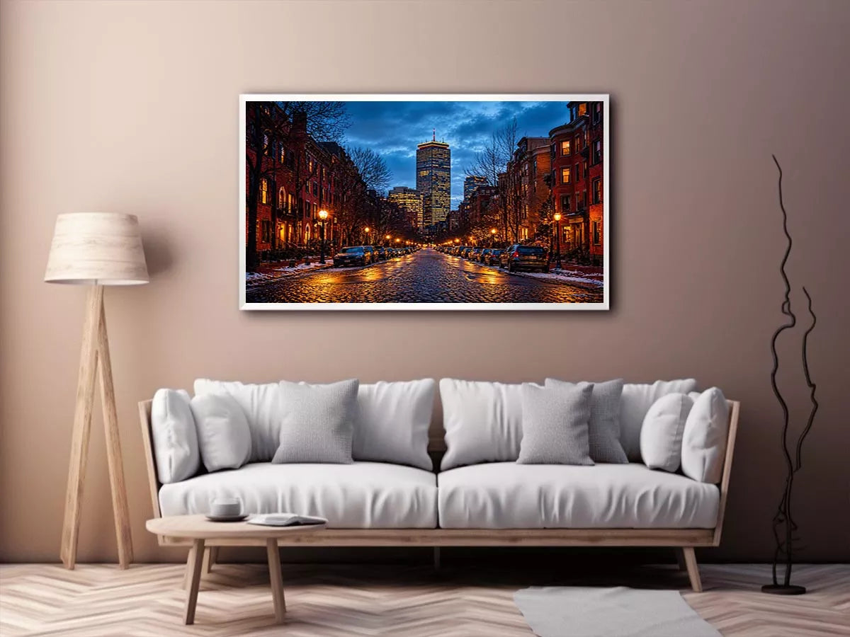 boston city street at night with lights and skyline wall art canvas