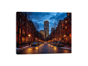 boston city street at night with lights and skyline wall art canvas