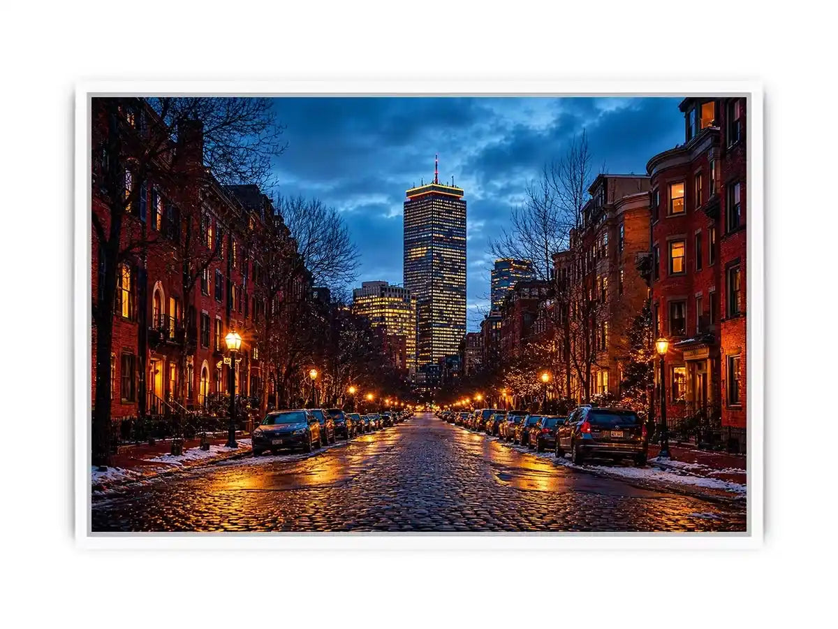 boston city street at night with lights and skyline wall art canvas