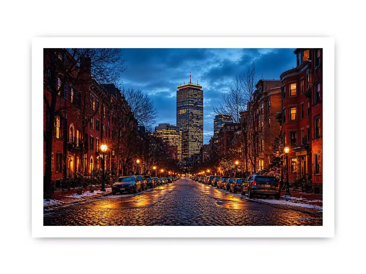 boston city street at night with lights and skyline wall art canvas