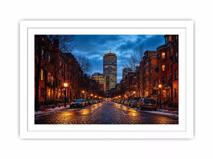 boston city street at night with lights and skyline wall art canvas