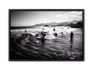 black and white surfing wave with surfers ocean wall art canvas