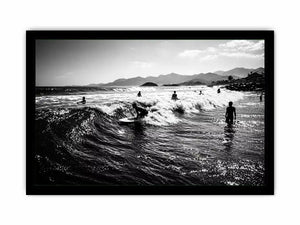 black and white surfing wave with surfers ocean wall art canvas