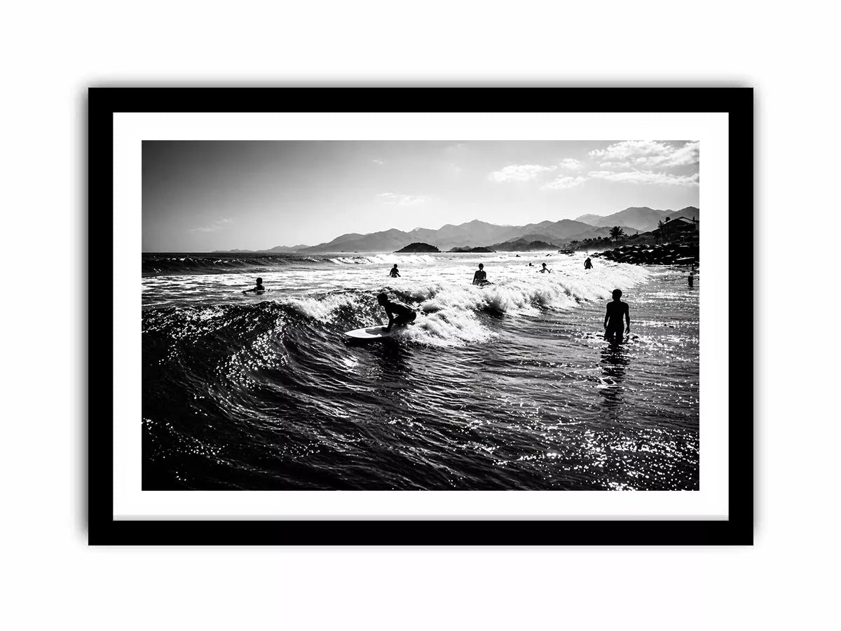 black and white surfing wave with surfers ocean wall art canvas