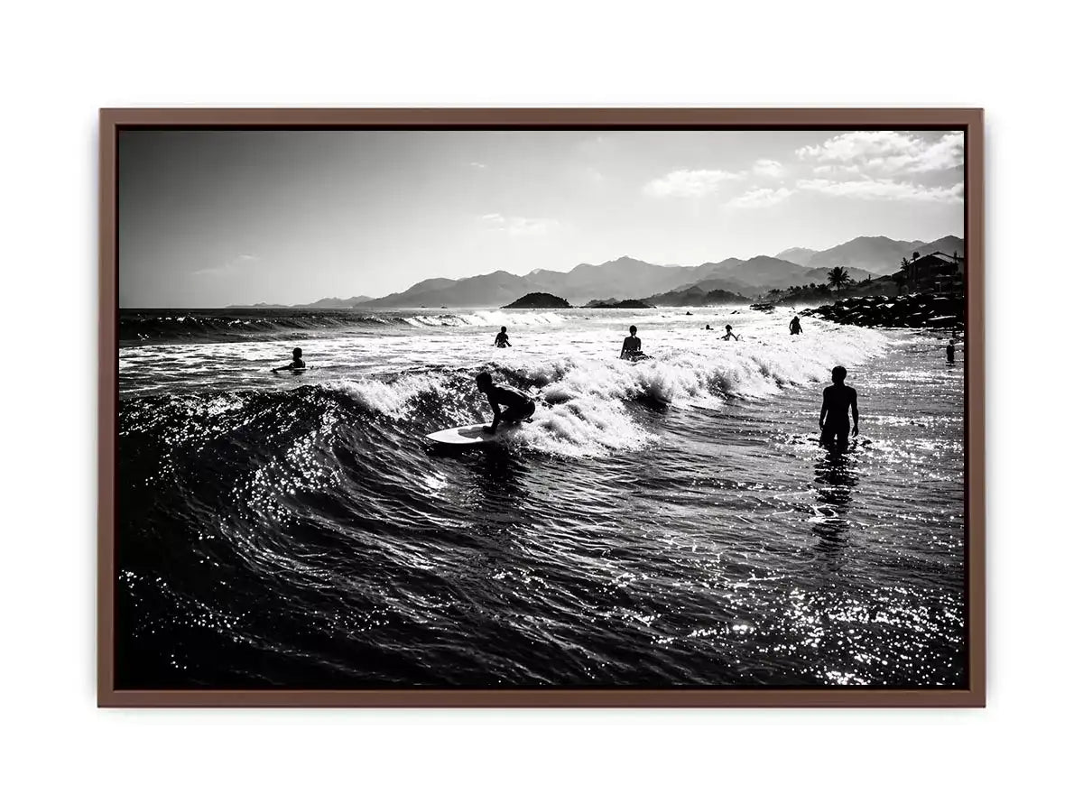 black and white surfing wave with surfers ocean wall art canvas
