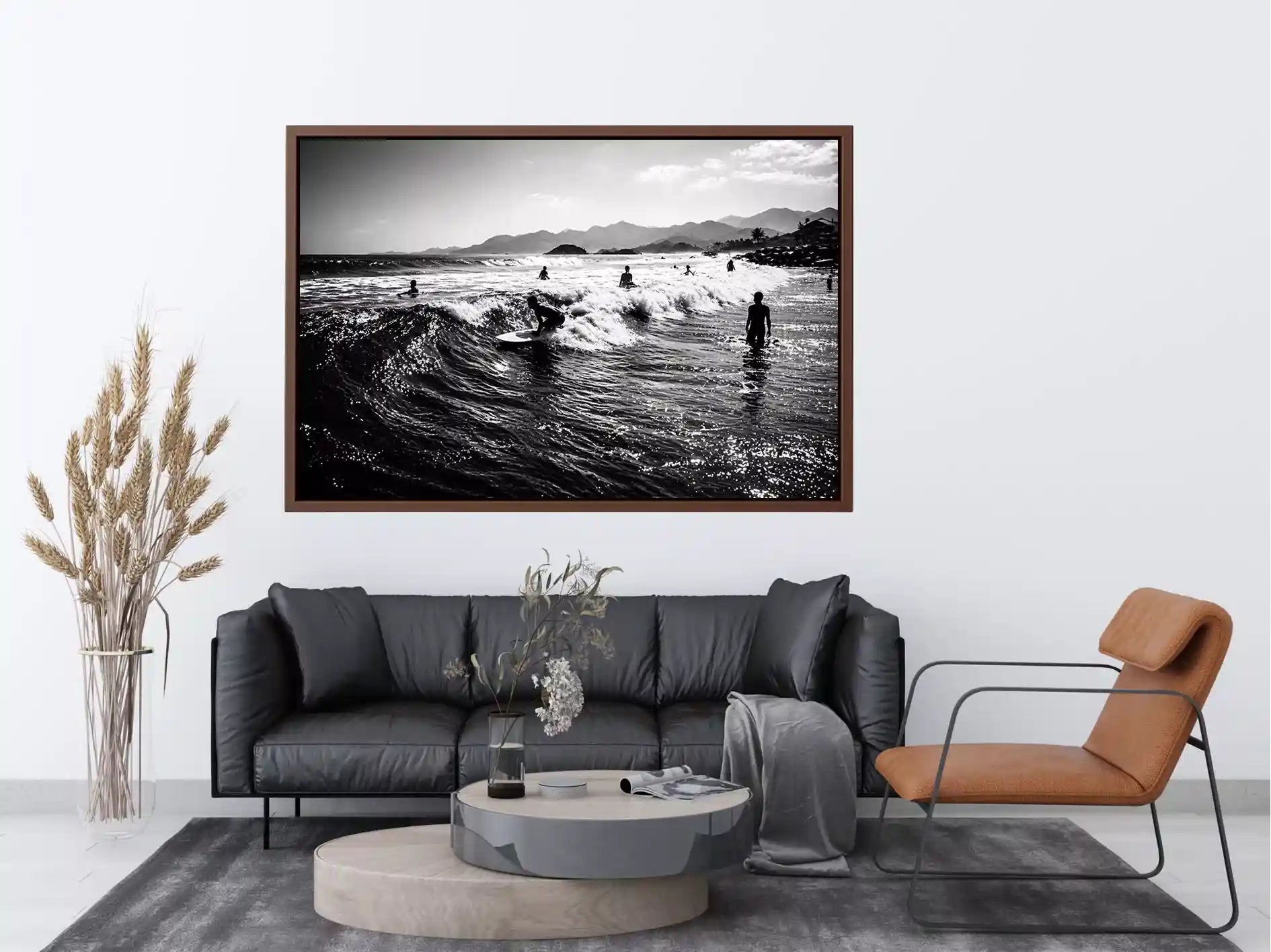 black and white surfing wave with surfers ocean wall art canvas