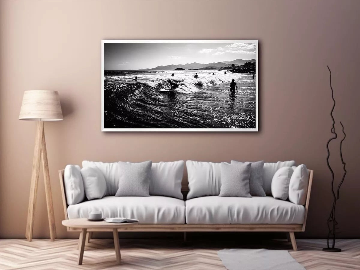 black and white surfing wave with surfers ocean wall art canvas